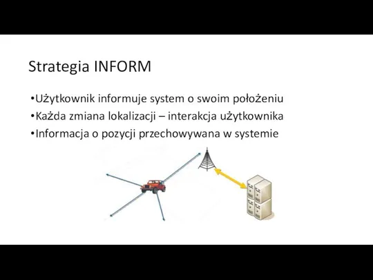 Strategia INFORM Użytkownik informuje system o swoim położeniu Każda zmiana lokalizacji –