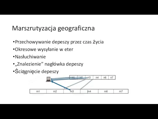 Marszrutyzacja geograficzna Przechowywanie depeszy przez czas życia Okresowe wysyłanie w eter Nasłuchiwanie