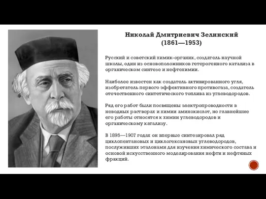 Николай Дмитриевич Зелинский (1861—1953) Русский и советский химик-органик, создатель научной школы, один