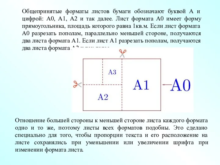 Общепринятые форматы листов бумаги обозначают буквой А и цифрой: А0, A1, А2