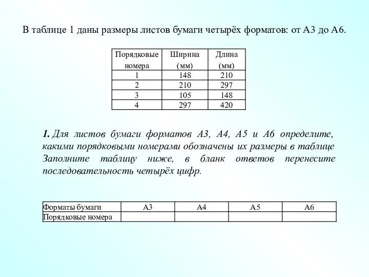 1. Для листов бумаги форматов А3, А4, А5 и A6 определите, какими