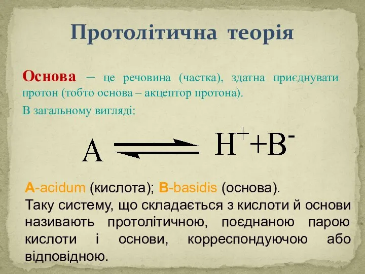 Протолітична теорія Основа – це речовина (частка), здатна приєднувати протон (тобто основа