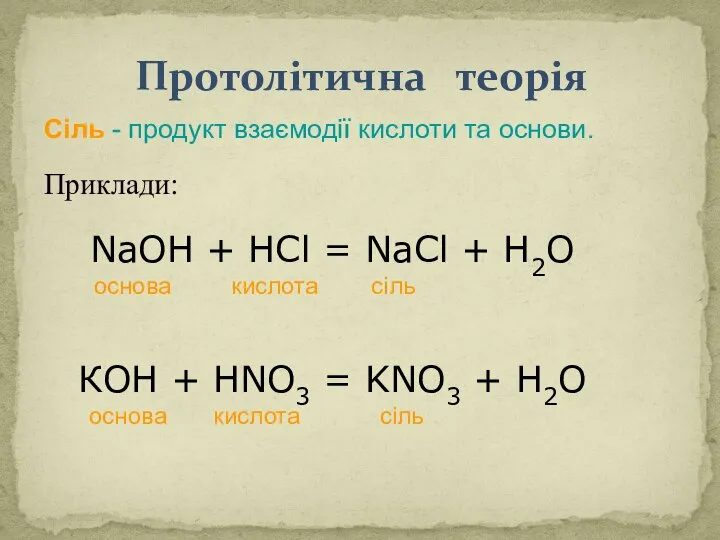 Протолітична теорія Приклади: Сіль - продукт взаємодії кислоти та основи. NaOH +