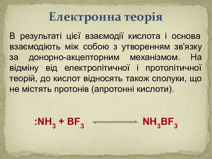 Електронна теорія В результаті цієї взаємодії кислота і основа взаємодіють між собою