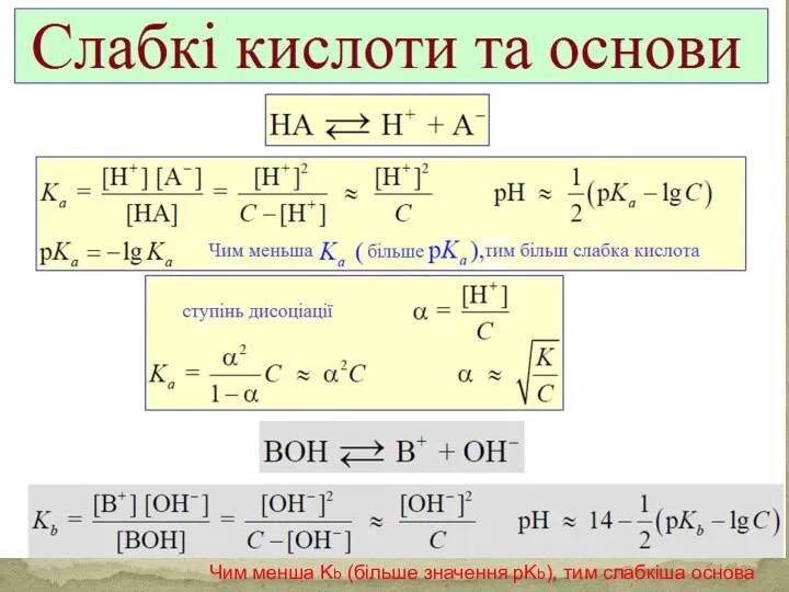 Чим менша Kb (більше значення pKb), тим слабкіша основа