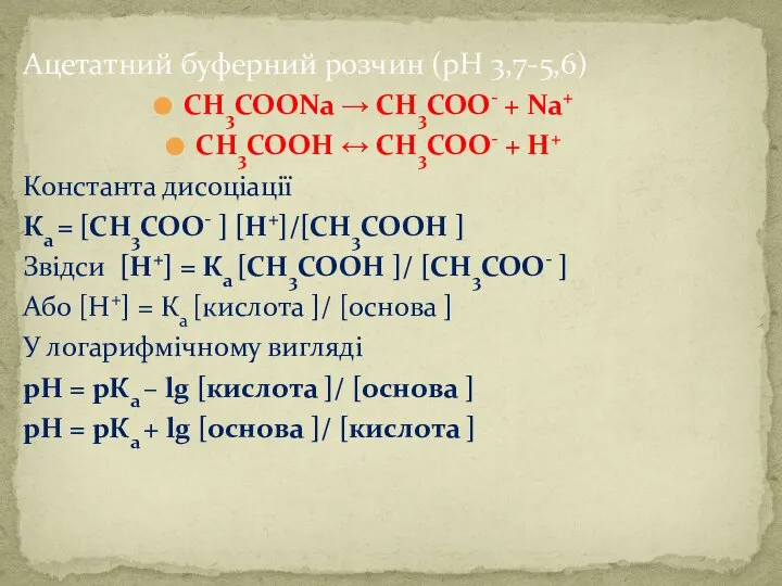 Ацетатний буферний розчин (рН 3,7-5,6) СН3СООNa → СН3СОО- + Na+ СН3СООH ↔