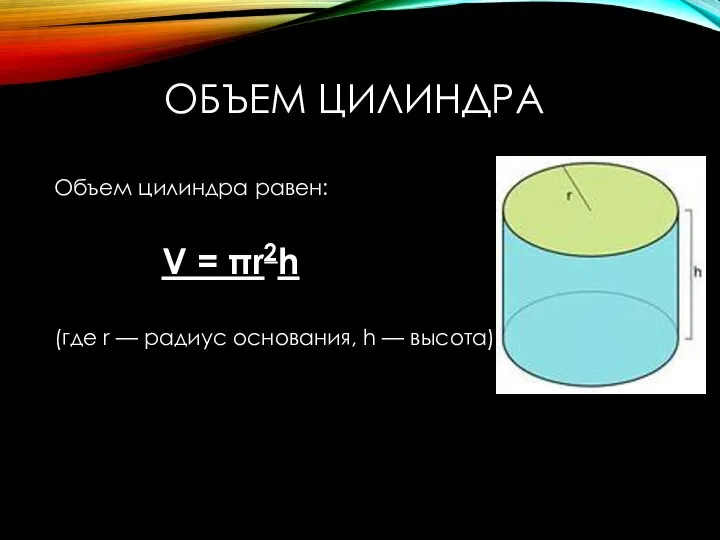 ОБЪЕМ ЦИЛИНДРА Объем цилиндра равен: V = πr2h (где r — радиус основания, h — высота).