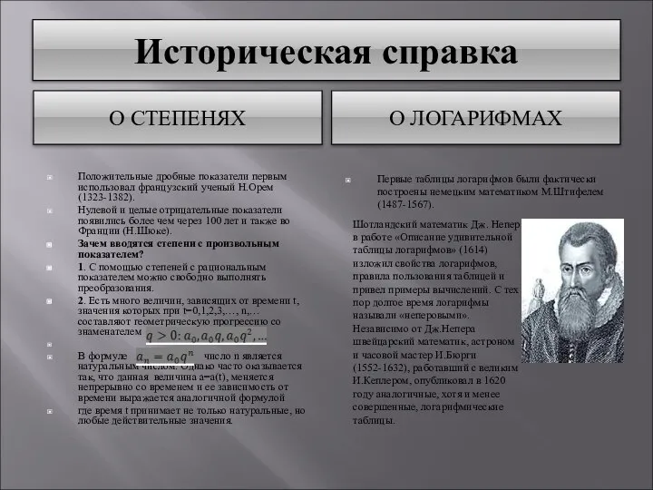 Историческая справка О СТЕПЕНЯХ О ЛОГАРИФМАХ Положительные дробные показатели первым использовал французский