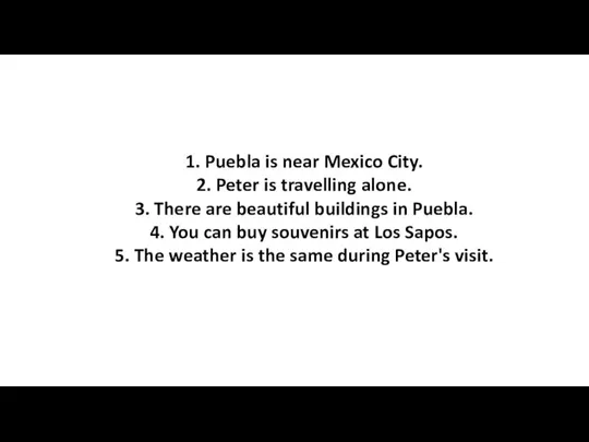 1. Puebla is near Mexico City. 2. Peter is travelling alone. 3.