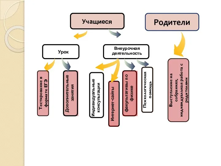 Учащиеся Дополнительные занятия Урок Внеурочная деятельность Индивидуальные консультации Интернет-сайты факультативы по физике