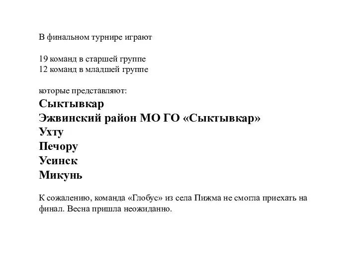 В финальном турнире играют 19 команд в старшей группе 12 команд в