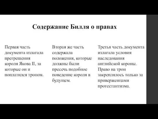 Содержание Билля о правах Первая часть документа излагала прегрешения короля Якова II,