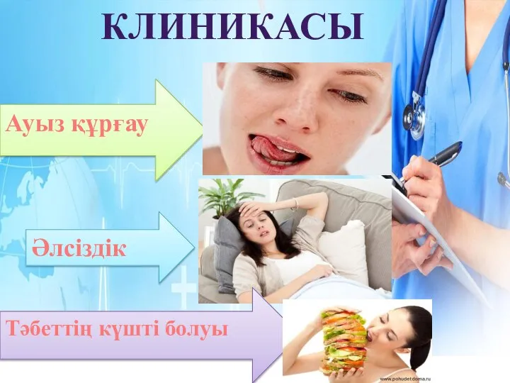 КЛИНИКАСЫ Ауыз құрғау Әлсіздік Тәбеттің күшті болуы