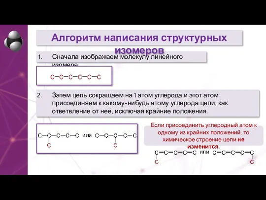 Сначала изображаем молекулу линейного изомера. Алгоритм написания структурных изомеров Затем цепь сокращаем