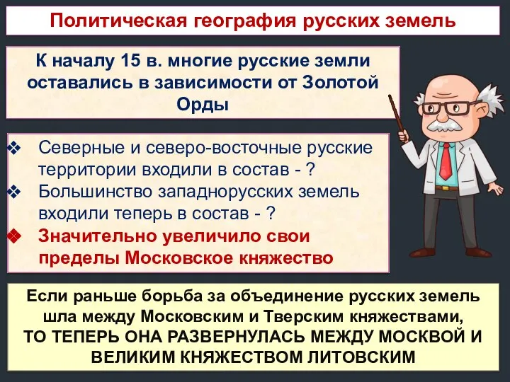 Политическая география русских земель К началу 15 в. многие русские земли оставались