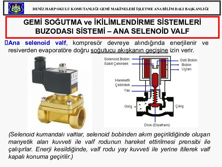 GEMİ SOĞUTMA ve İKİLİMLENDİRME SİSTEMLERİ BUZODASI SİSTEMİ – ANA SELENOİD VALF Ana