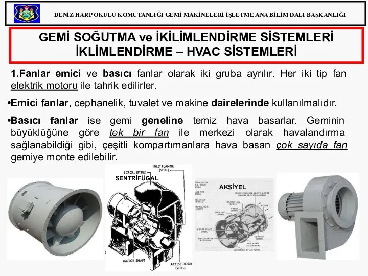 GEMİ SOĞUTMA ve İKİLİMLENDİRME SİSTEMLERİ İKLİMLENDİRME – HVAC SİSTEMLERİ 1.Fanlar emici ve