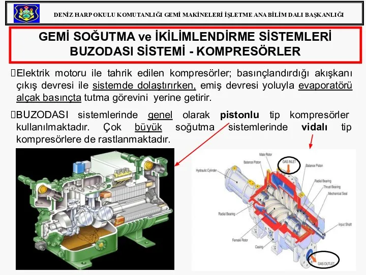 GEMİ SOĞUTMA ve İKİLİMLENDİRME SİSTEMLERİ BUZODASI SİSTEMİ - KOMPRESÖRLER Elektrik motoru ile