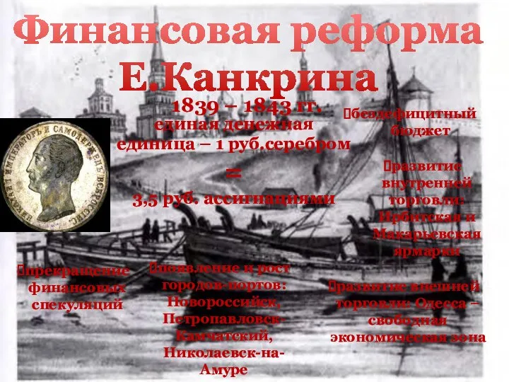 Финансовая реформа Е.Канкрина единая денежная единица – 1 руб.серебром = 3,5 руб.