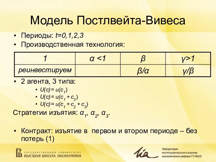 Модель Постлвейта-Вивеса Периоды: t=0,1,2,3 Производственная технология: 2 агента, 3 типа: U(с)= u(c1)