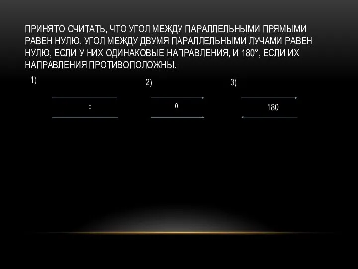 ПРИНЯТО СЧИТАТЬ, ЧТО УГОЛ МЕЖДУ ПАРАЛЛЕЛЬНЫМИ ПРЯМЫМИ РАВЕН НУЛЮ. УГОЛ МЕЖДУ ДВУМЯ