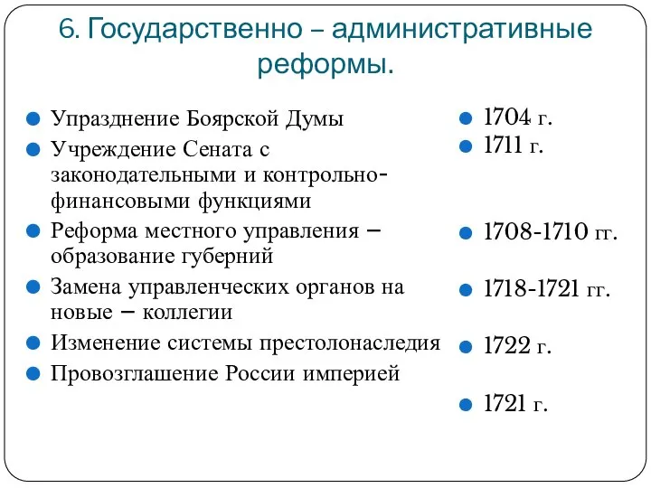 6. Государственно – административные реформы. Упразднение Боярской Думы Учреждение Сената с законодательными