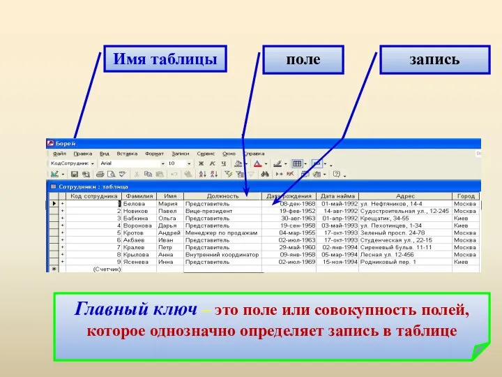 Имя таблицы поле запись Главный ключ – это поле или совокупность полей,