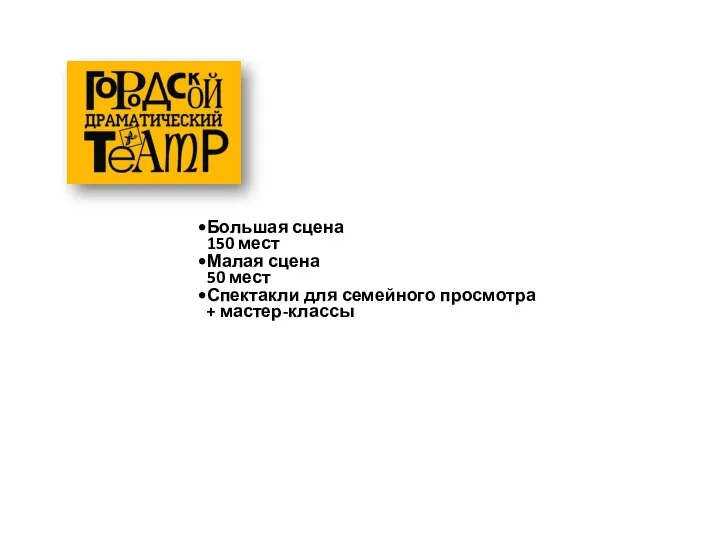 Большая сцена 150 мест Малая сцена 50 мест Спектакли для семейного просмотра + мастер-классы