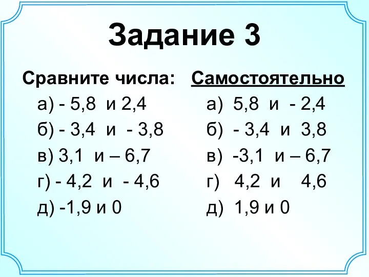 Задание 3 Сравните числа: а) - 5,8 и 2,4 б) - 3,4