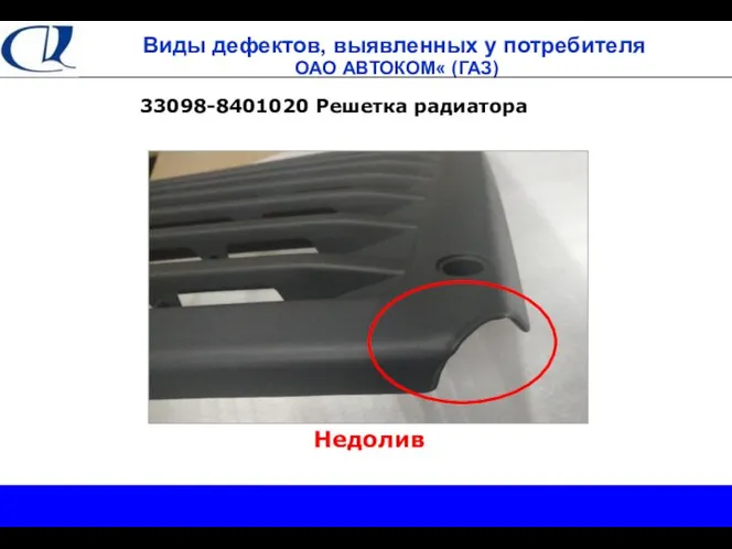 Виды дефектов, выявленных у потребителя ОАО АВТОКОМ« (ГАЗ) 33098-8401020 Решетка радиатора Недолив