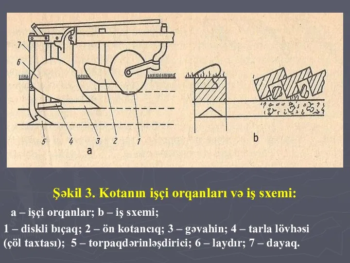 Şəkil 3. Kotanın işçi orqanları və iş sxemi: a – işçi orqanlar;