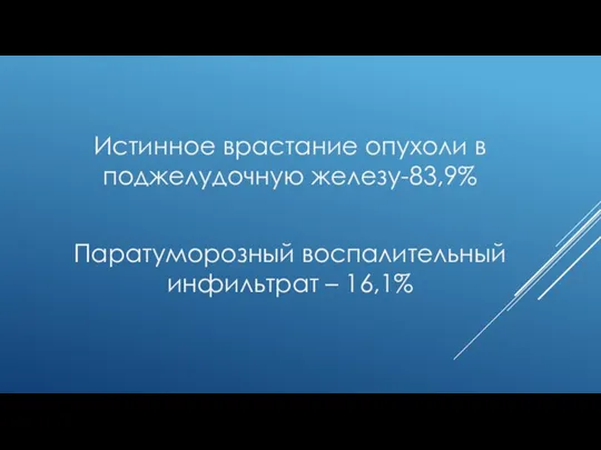 Истинное врастание опухоли в поджелудочную железу-83,9% Паратуморозный воспалительный инфильтрат – 16,1%