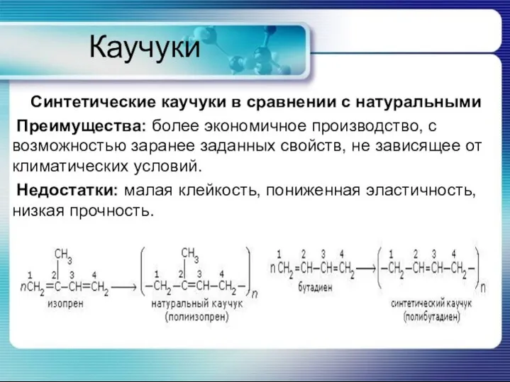 Каучуки Синтетические каучуки в сравнении с натуральными Преимущества: более экономичное производство, с