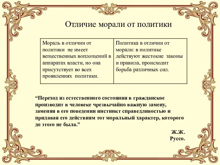 Отличие морали от политики “Переход из естественного состояния в гражданское производит в