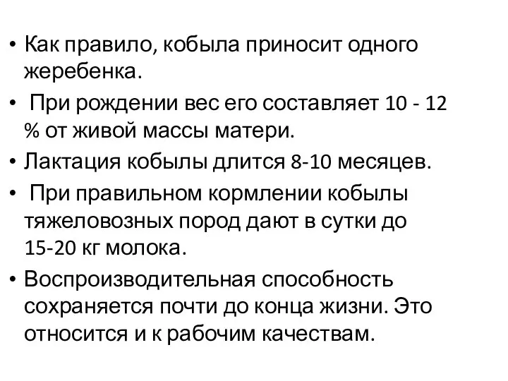 Как правило, кобыла приносит одного жеребенка. При рождении вес его составляет 10