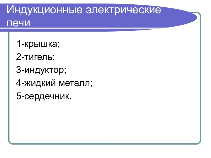 Индукционные электрические печи 1-крышка; 2-тигель; 3-индуктор; 4-жидкий металл; 5-сердечник.