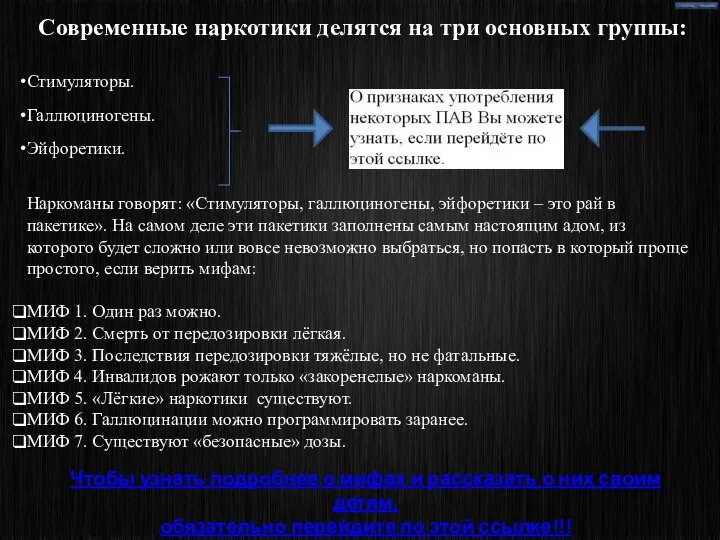 Современные наркотики делятся на три основных группы: Стимуляторы. Галлюциногены. Эйфоретики. Наркоманы говорят: