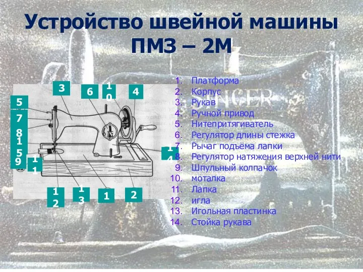 Устройство швейной машины ПМЗ – 2М 1 5 2 3 4 6