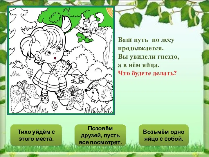 Ваш путь по лесу продолжается. Вы увидели гнездо, а в нём яйца.