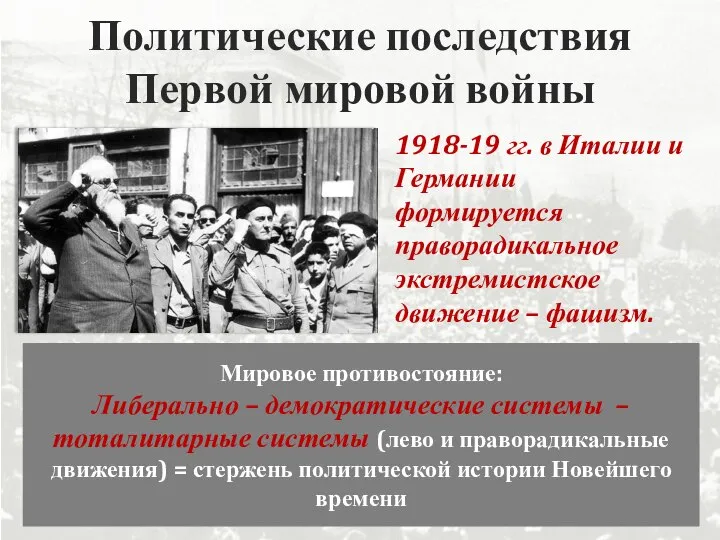 Политические последствия Первой мировой войны 1918-19 гг. в Италии и Германии формируется