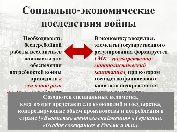 Социально-экономические последствия войны Необходимость бесперебойной работы всех звеньев экономики для обеспечения потребностей