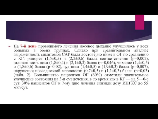 На 7-й день проводимого лечения носовое дыхание улучшилось у всех больных в