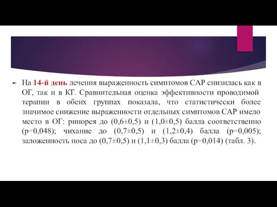 На 14-й день лечения выраженность симптомов САР снизилась как в ОГ, так