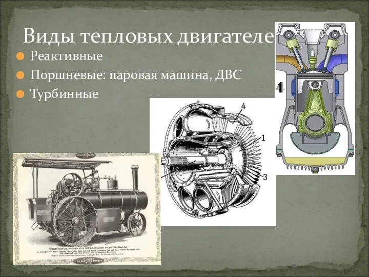 Реактивные Поршневые: паровая машина, ДВС Турбинные Виды тепловых двигателей