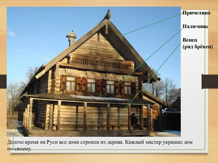 Долгое время на Руси все дома строили из дерева. Каждый мастер украшал