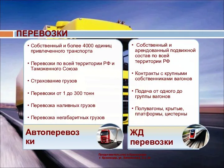 ПЕРЕВОЗКИ Представительство в Краснодаре: г. Краснодар, ул. Зиповская д. 5, к. 33