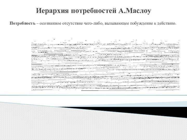 Иерархия потребностей А.Маслоу Потребность – осознанное отсутствие чего-либо, вызывающее побуждение к действию.