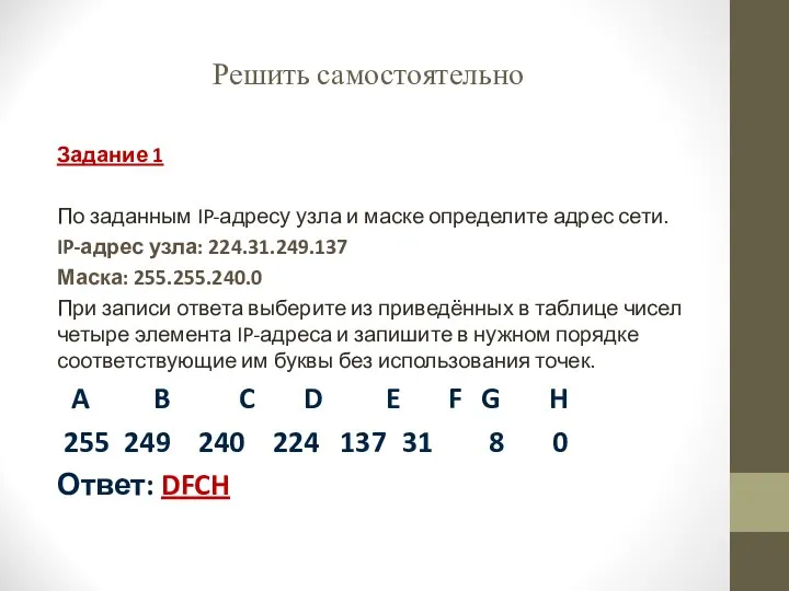 Решить самостоятельно Задание 1 По заданным IP-адресу узла и маске определите адрес