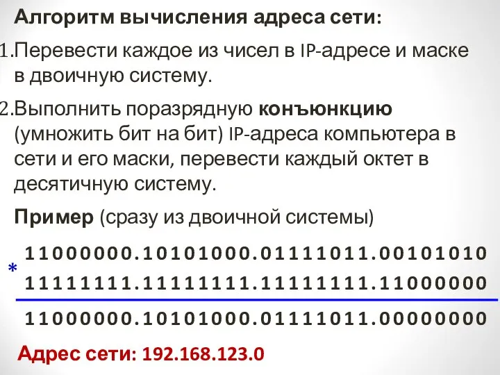 Алгоритм вычисления адреса сети: Перевести каждое из чисел в IP-адресе и маске