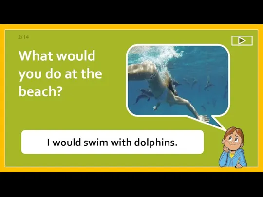 What would you do at the beach? I would swim with dolphins. 2/14
